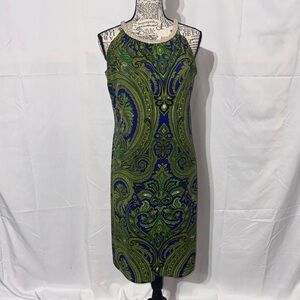 Nina Leonard Green and Blue Paisley Midi Dress